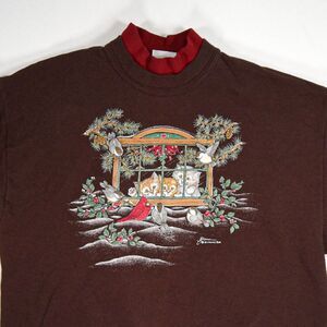 Vintage Cute Cats and Birds Winter Crewneck Sweatshirt - L